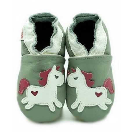 Chaussons cuir enfant Licorne sur gris