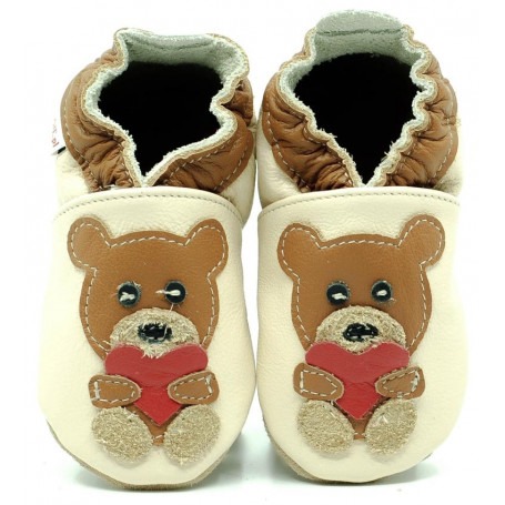 Chaussons cuir souple Nounours Coeur