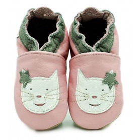 Chaussons cuir souple Chat Rose Clair