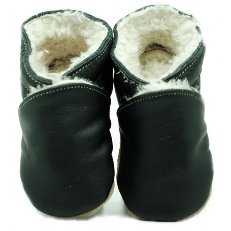 Chaussons cuir souple fourrés Hiver Noir