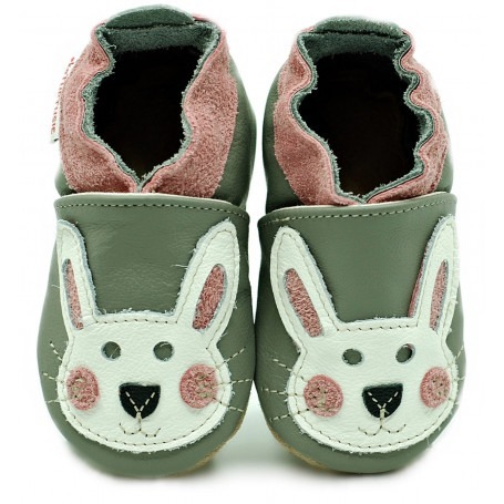 Chaussons cuir souple Lapin rose